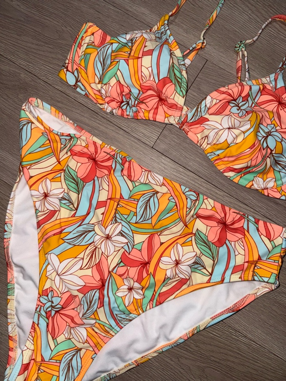Floral High-Waist Bikini Set — Coral, Teal & Yellow - Picture 3 of 5